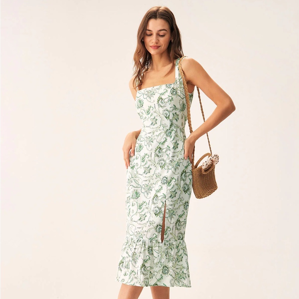 RIHOAS Green Floral Square Neck Midi Dress XL